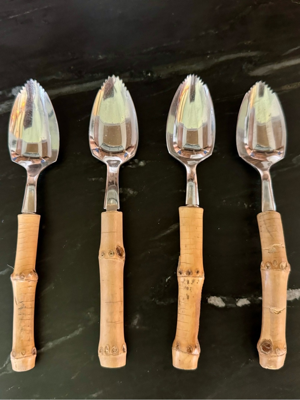 Natural Bamboo Handle Serving Spoons - Set of 4 Vintage Grapefruit spoons